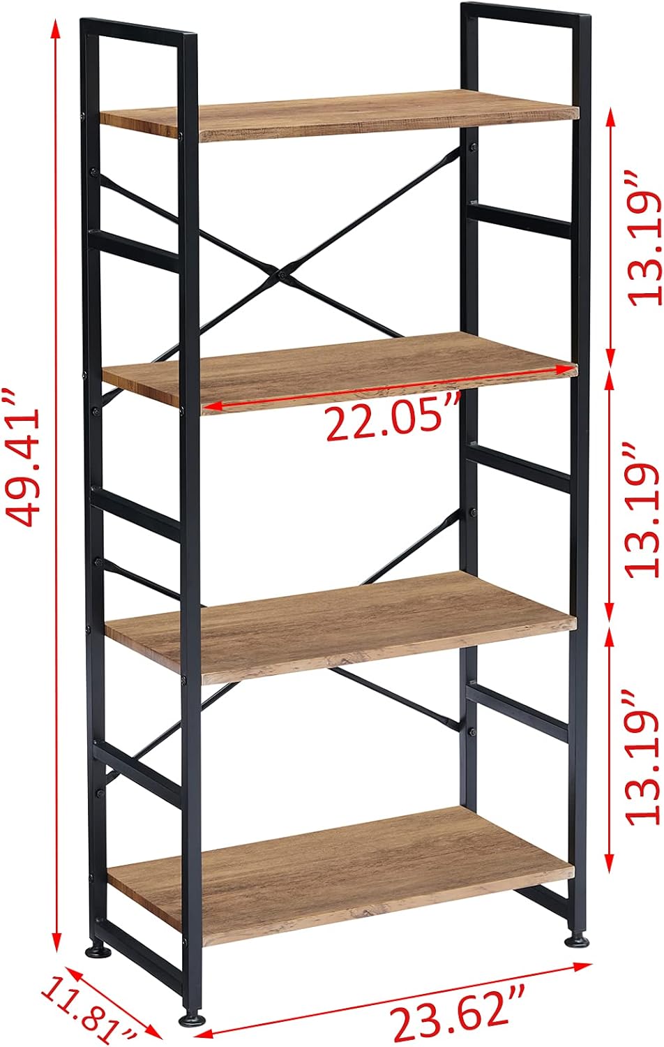 Vintage Brown 4 Tier Wood Bookshelf with Metal Frame X131