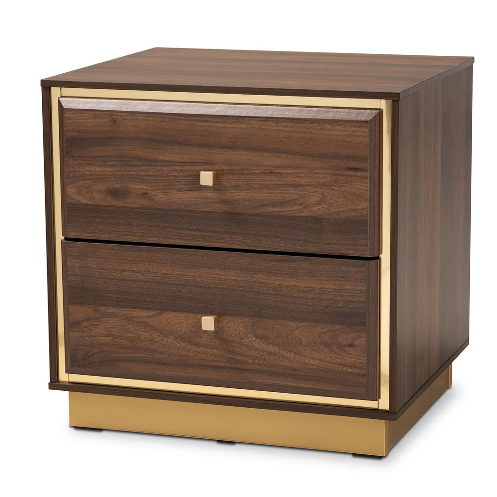 Walnut Brown Wood and Gold Metal 2-Drawer Nightstand H3402