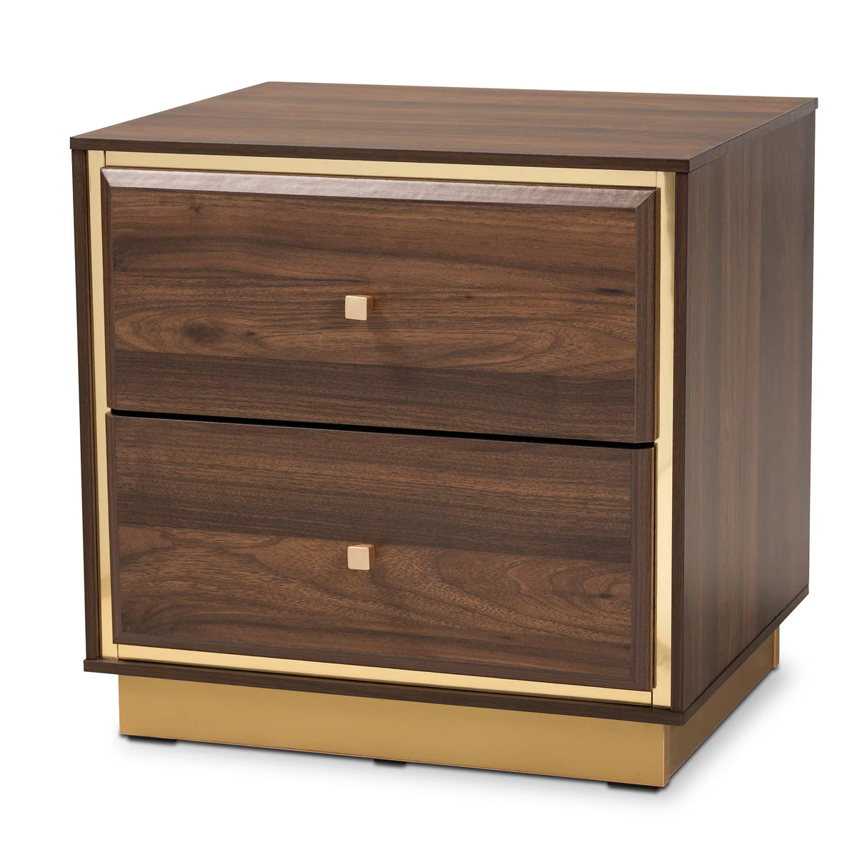 Walnut Brown Wood and Gold Metal 2-Drawer Nightstand H3402