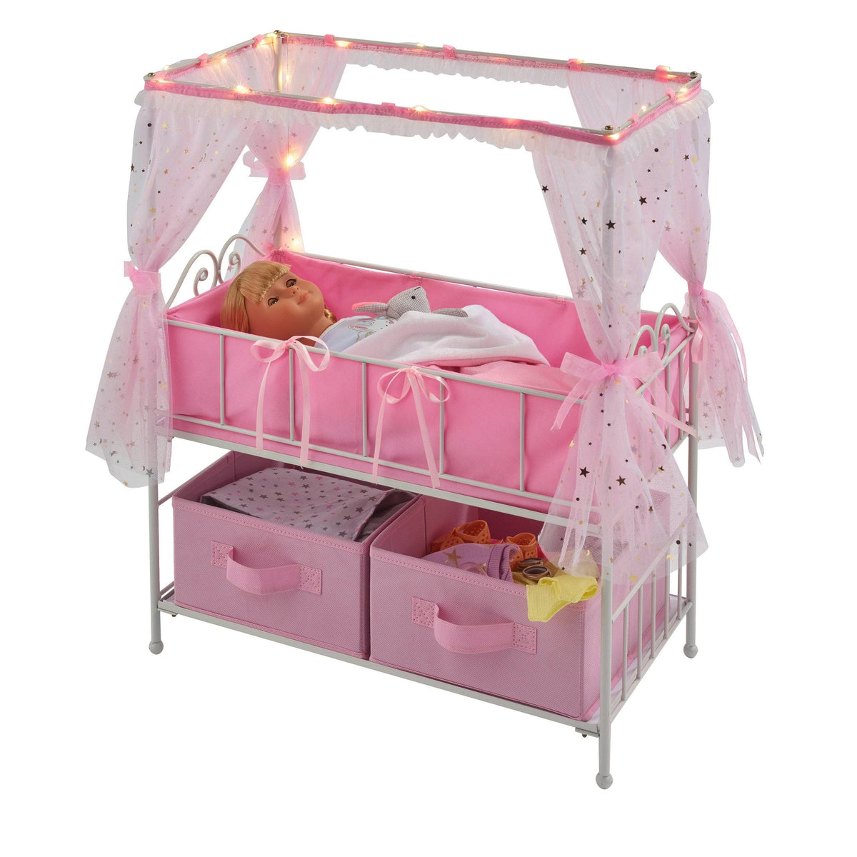 Metal Doll Crib with Canopy Bedding Storage and LED Lights J9468