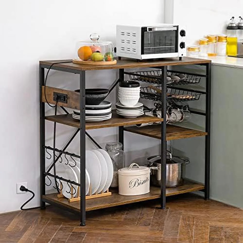 Rustic Brown Metal Frame Bakers Rack with Wire Basket T855