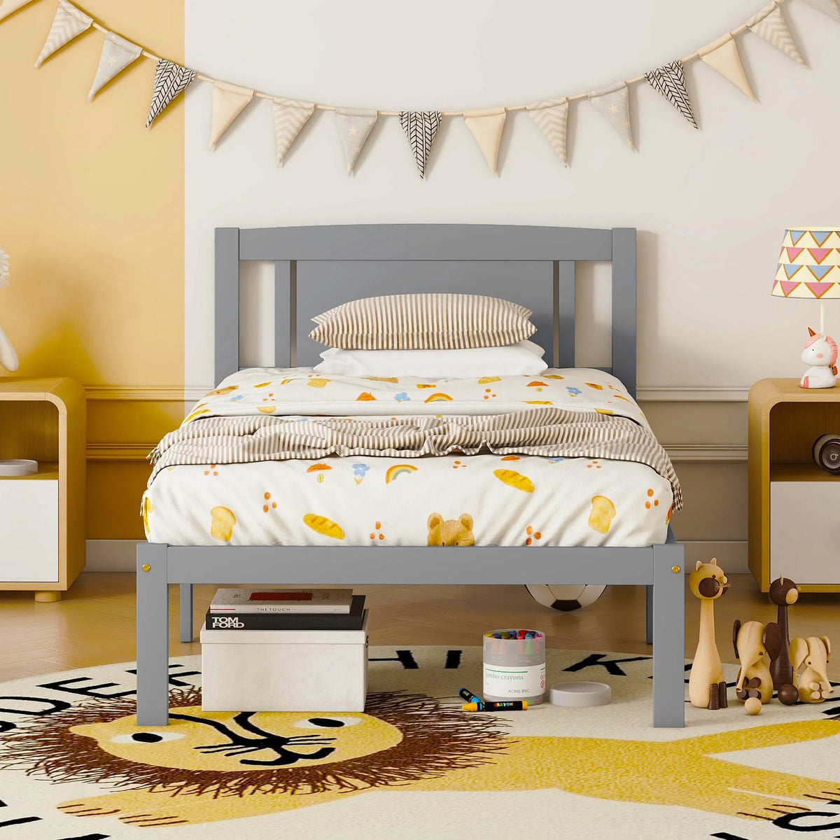 Twin Size Wood Platform Bed with Headboard R343118