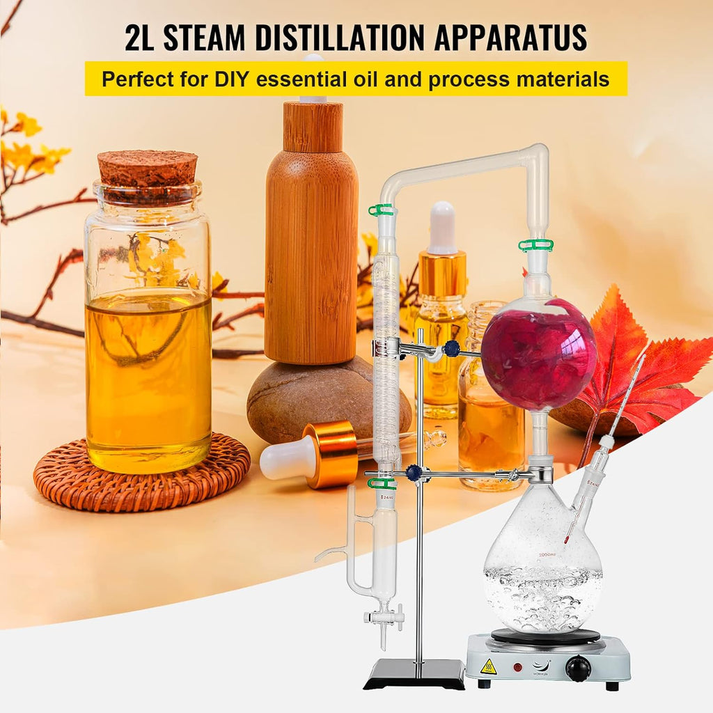 2L Essential Oil Distillation Apparatus Glassware Distillation Kit Water Distiller Purifier with Condenser J768965