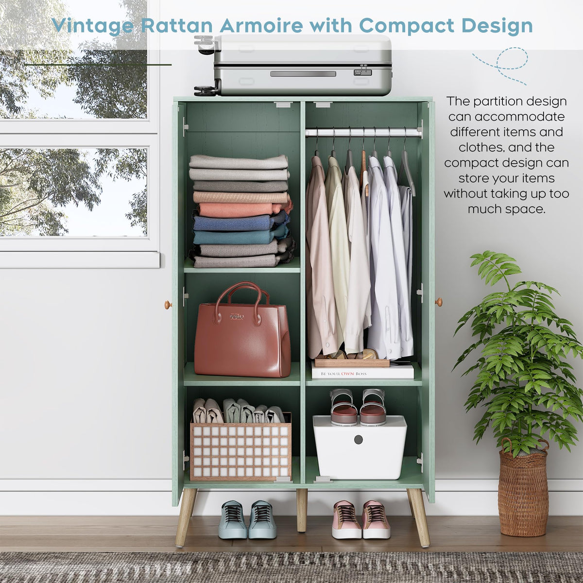55" Wood Armoire Wardrobe Closet with Rattan Doors T6666