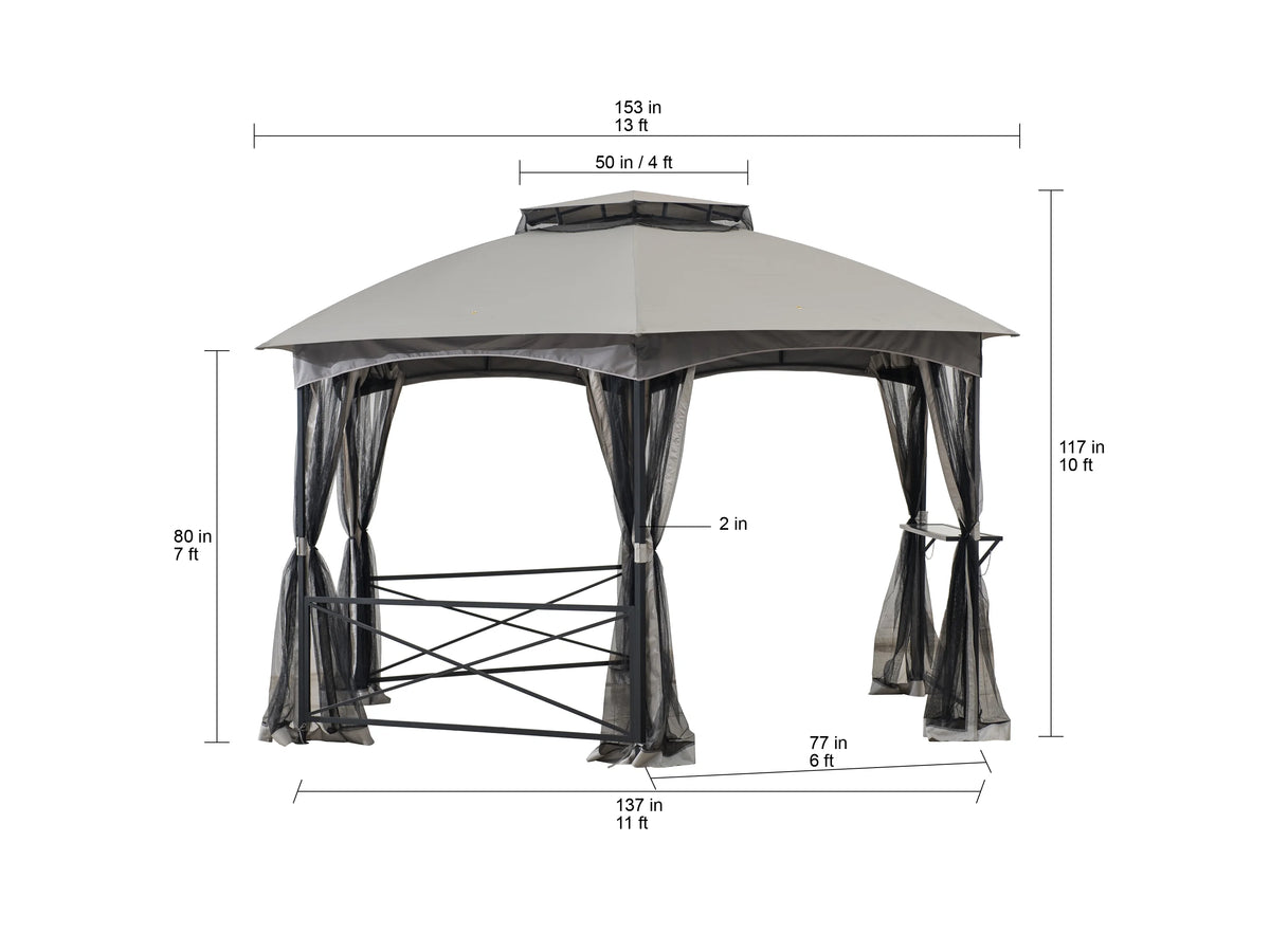 2-tone Gray Hexagon Steel Gazebo with Mosquito Netting M223590
