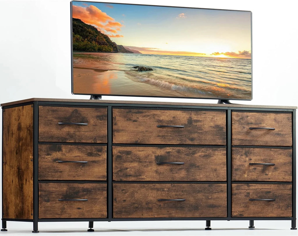 Black 9 Drawer Wide Dresser TV Stand Q11492