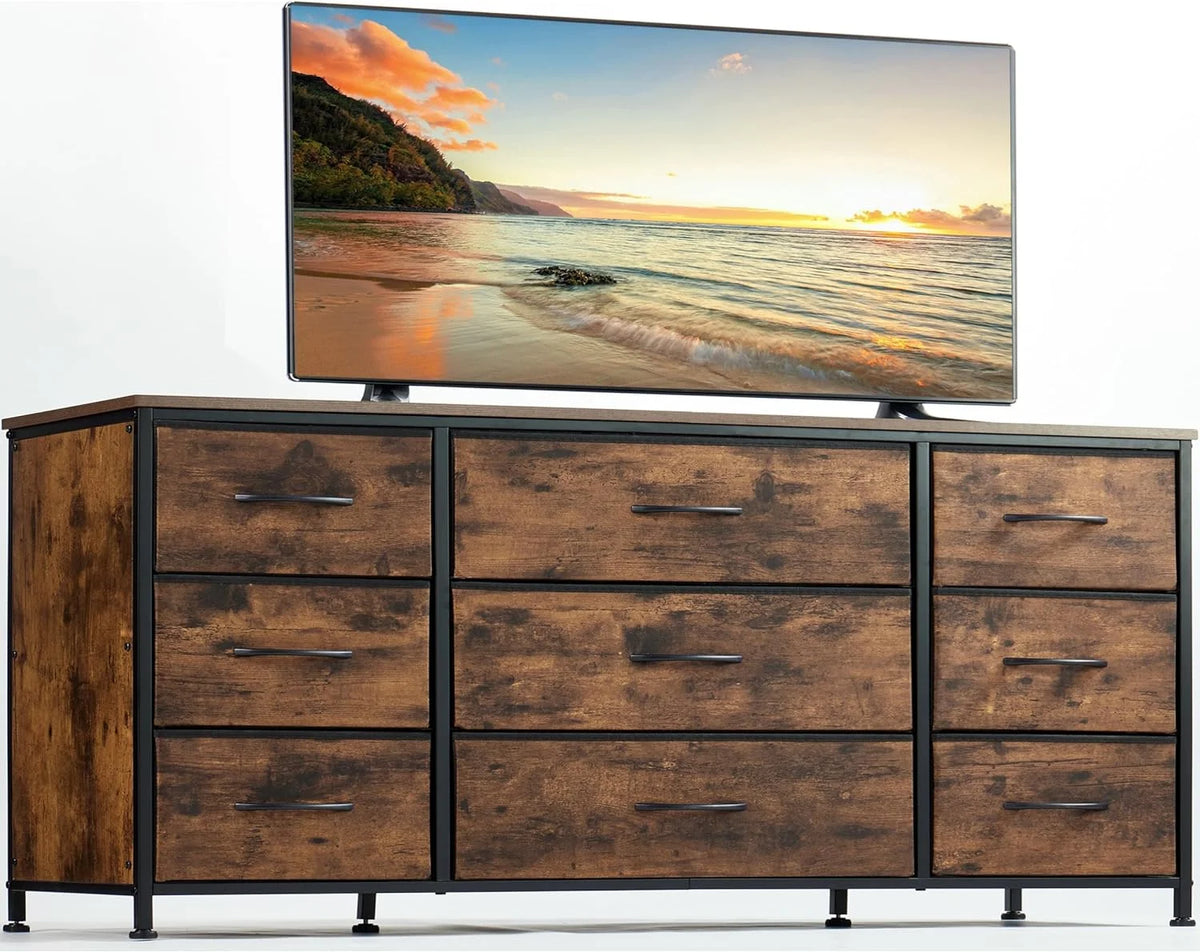Black 9 Drawer Wide Dresser TV Stand Q11492