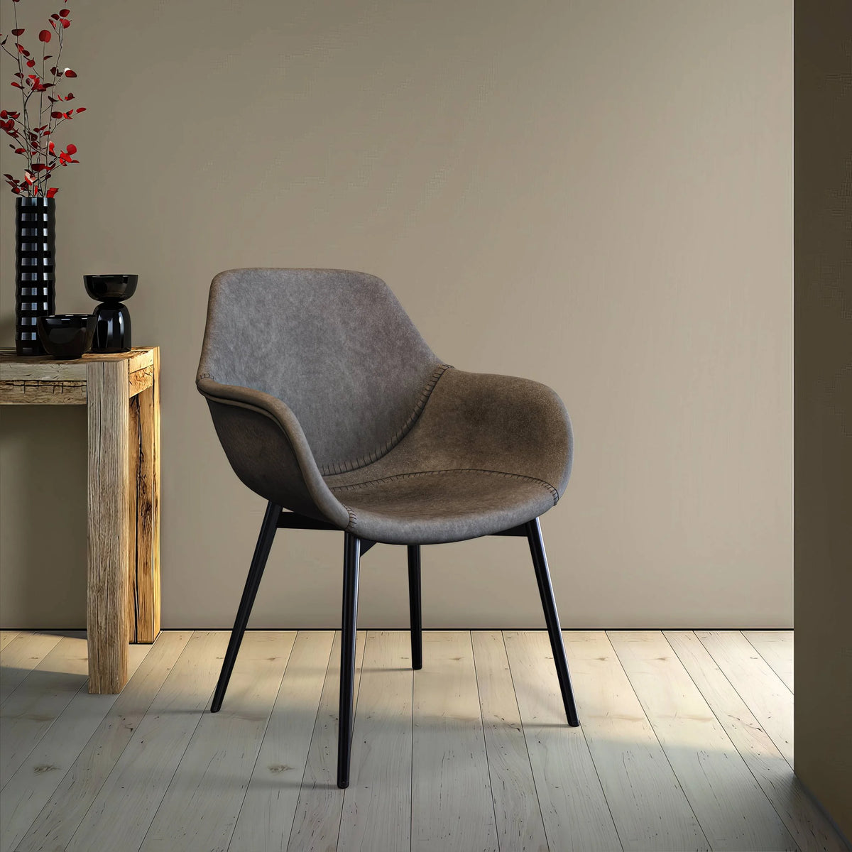 Charcoal Black Leather Dining Arm Chair with Metal Legs O312