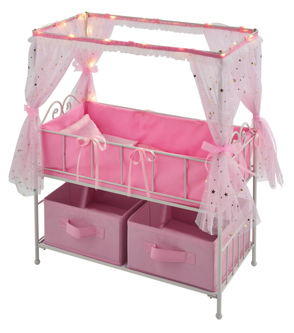 Metal Doll Crib with Canopy Bedding Storage and LED Lights J9468