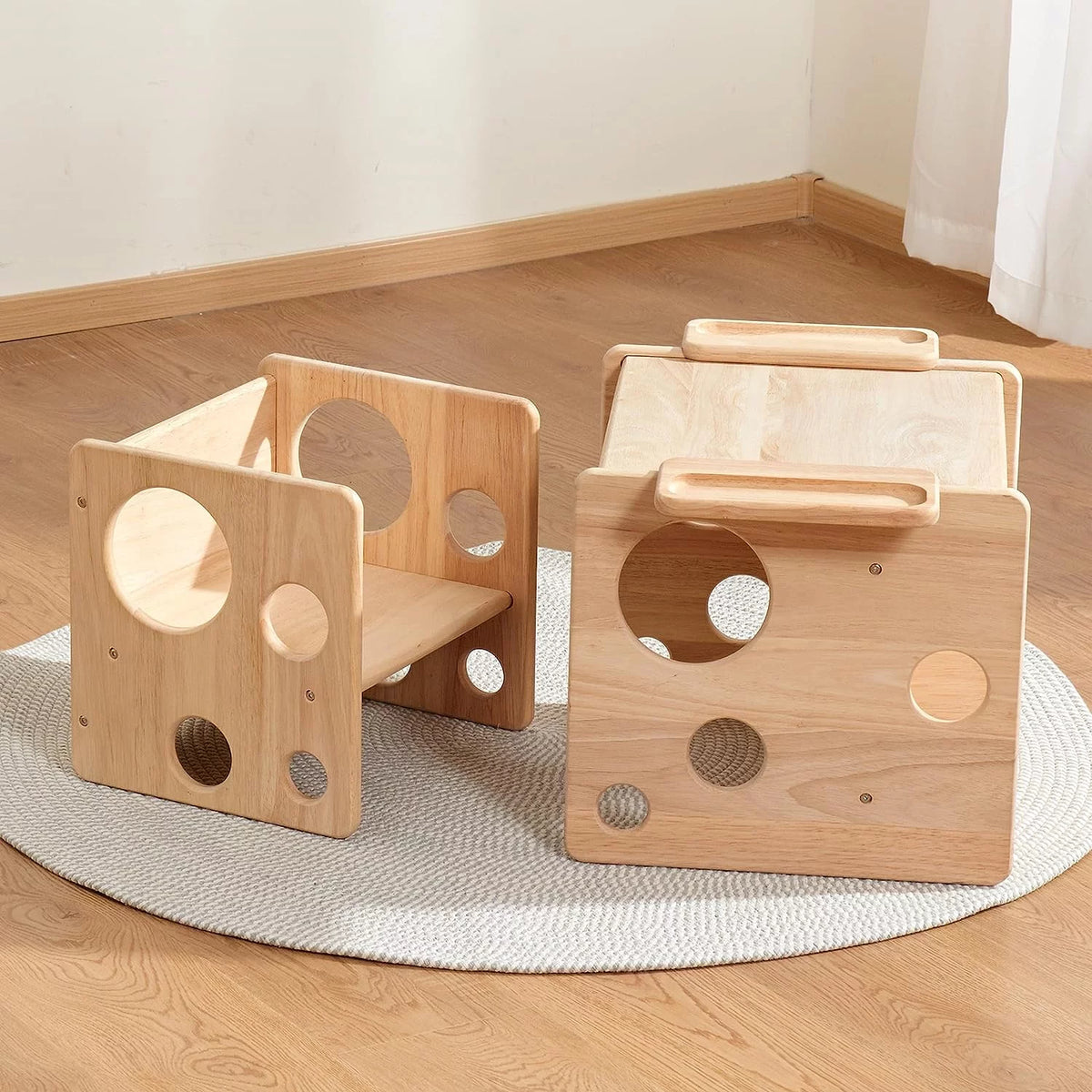 Montessori Weaning Table and Chair Set Natural Solid Wooden Kids Table Cube Chair M76995