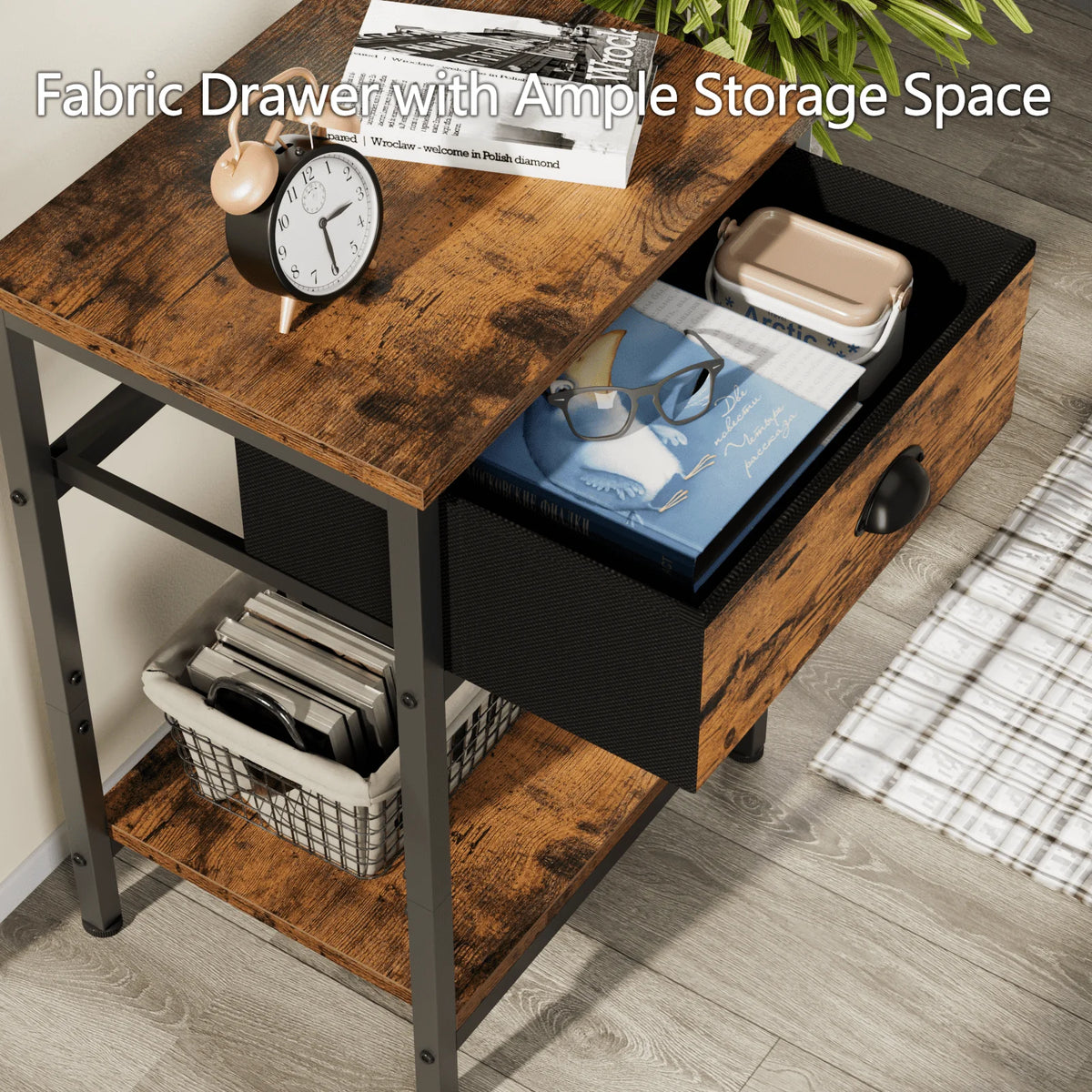 Set of 2 Nightstands with Fabric Drawer & Storage Shelf M70379