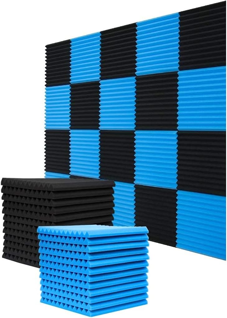 52 Pack Acoustic Foam Panels 12X12 X1 Sound Proof Noise Cancelling Foam Wedges (Black/Blue) R2066
