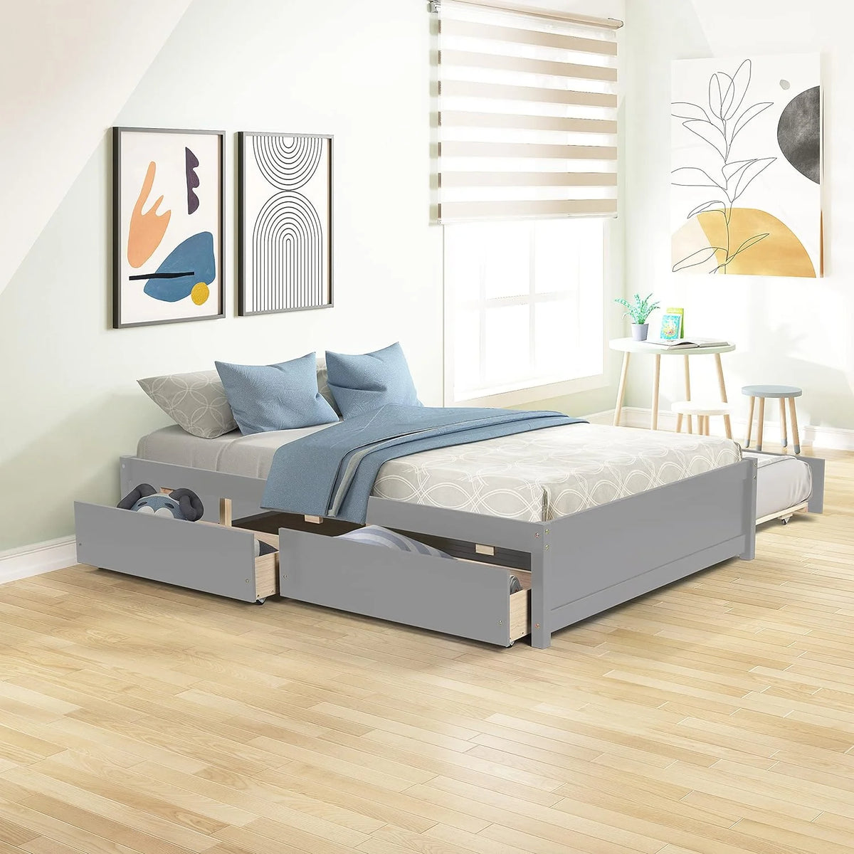 Full Size Wood Platform Bed with Trundle and 2 Drawers O587146