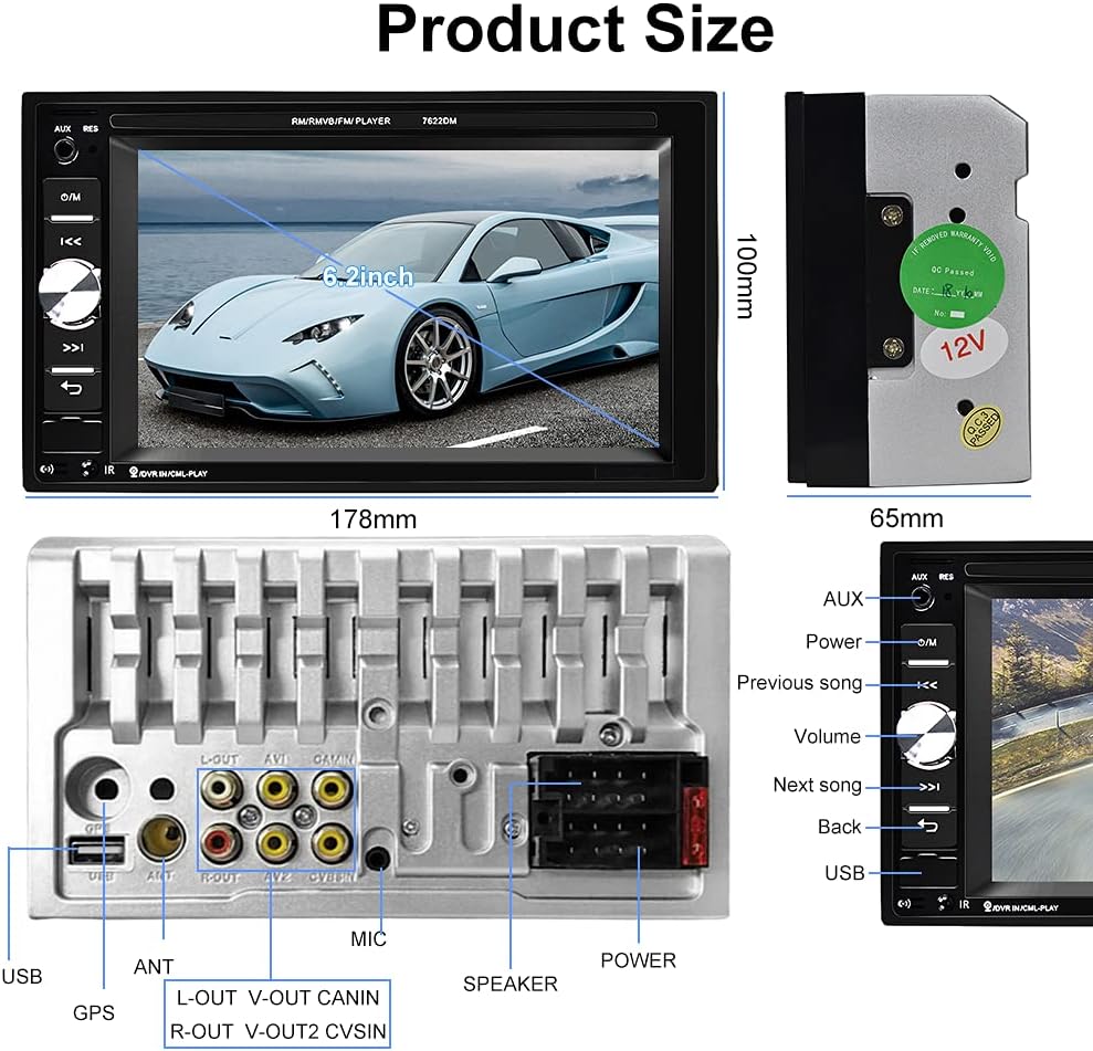 6.2 Inch Double Din Touch Screen Car Stereo with Bluetooth FM Receiver W844158