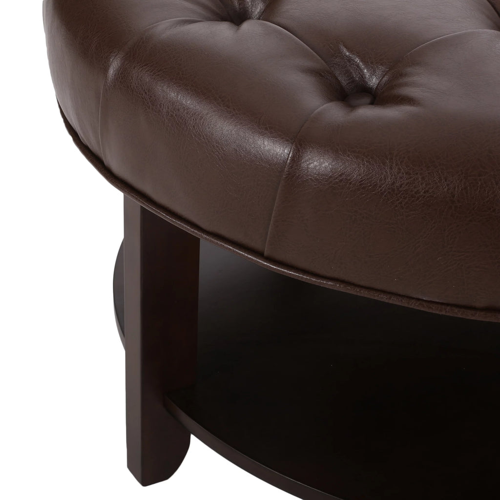 Dark Brown Espresso Faux Leather Tufted Round Ottoman with Open Shelf F1855