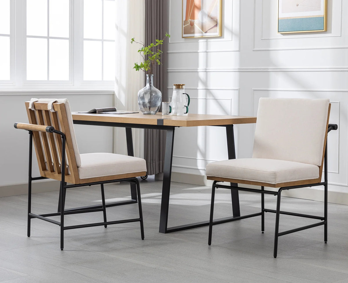 White Linen Upholstered Dining Chair Set of 2 with Metal Legs Q103