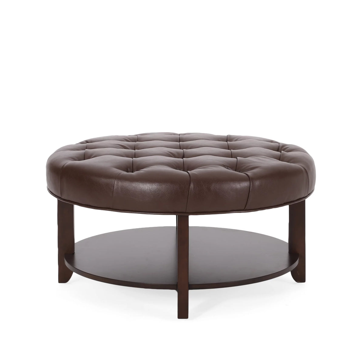 Dark Brown Espresso Faux Leather Tufted Round Ottoman with Open Shelf F1855