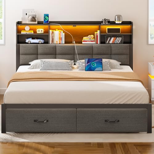 Black Full Size Upholstered Platform Bed Frame with Drawers and Storage Headboard F6221