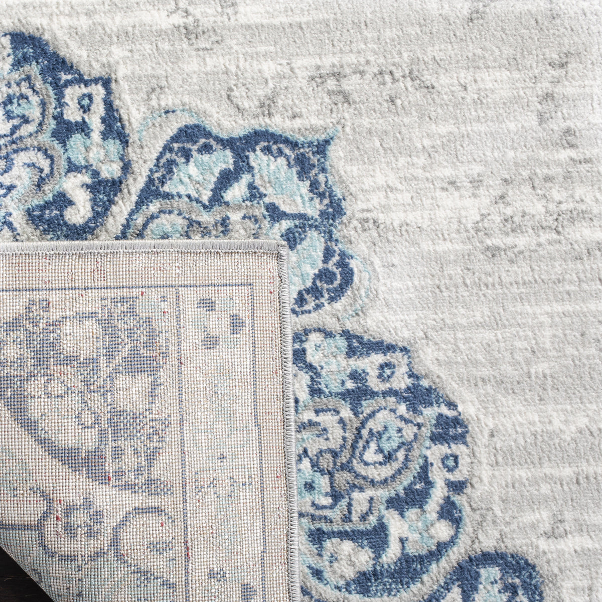 Navy Grey Floral Runner Rug R46116