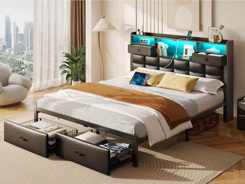 Black Full Size Upholstered Platform Bed Frame with Drawers and Storage Headboard F6221