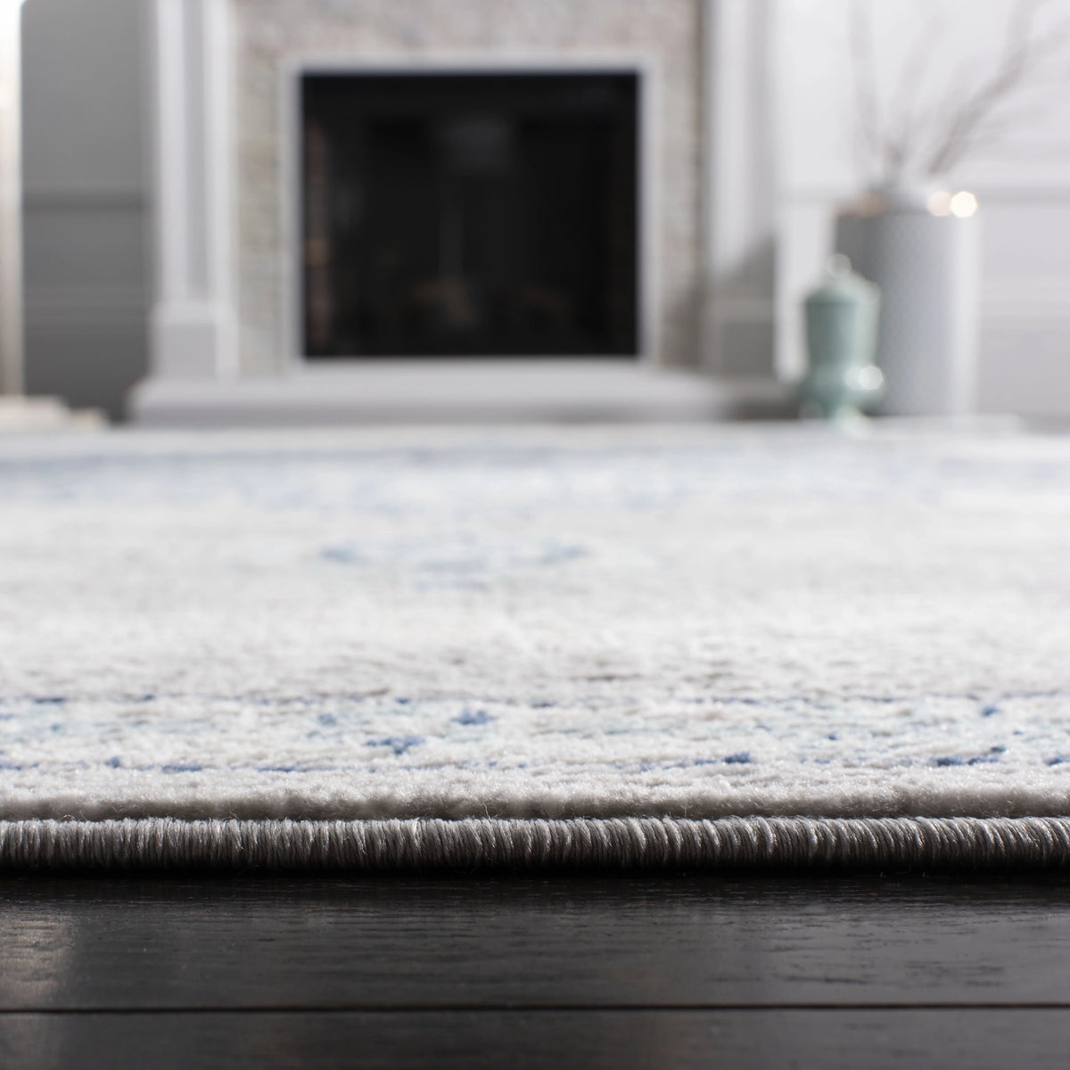 Navy Grey Floral Runner Rug R46116