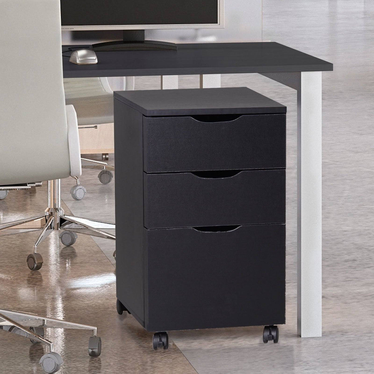Black Wood Grain 3 Drawer Rolling File Cabinet I928593