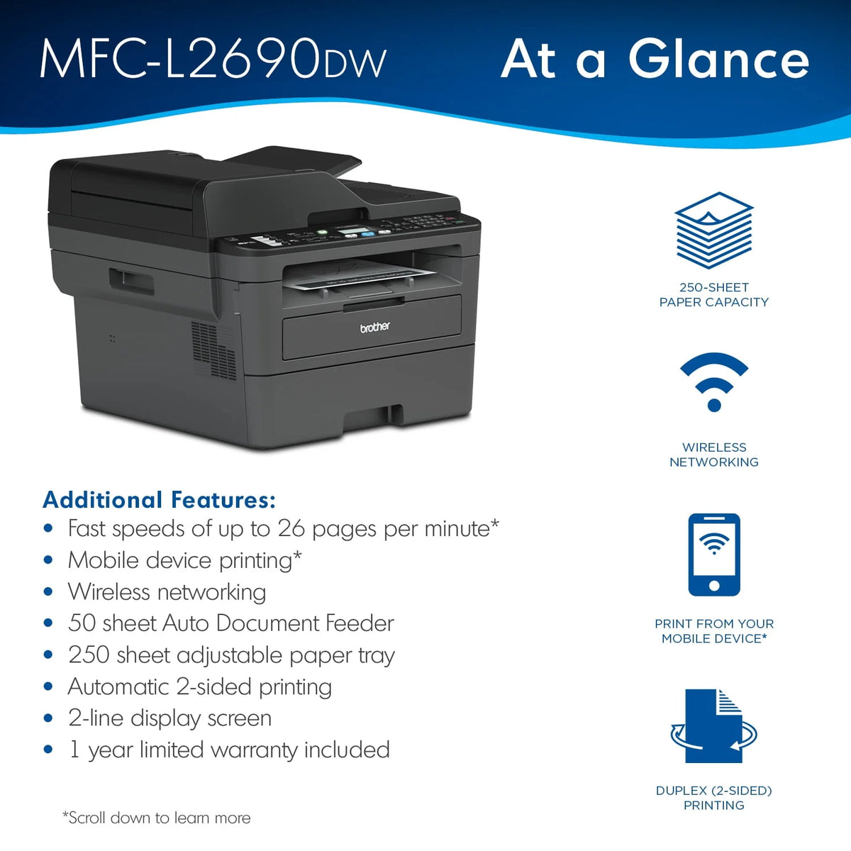 Monochrome Laser All-in-One Printer with Duplex Printing and Wireless Connectivity S9210