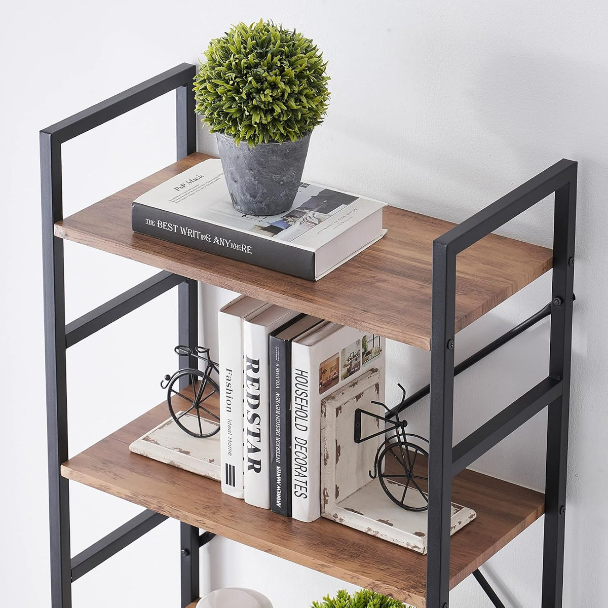 Vintage Brown 4 Tier Wood Bookshelf with Metal Frame X131
