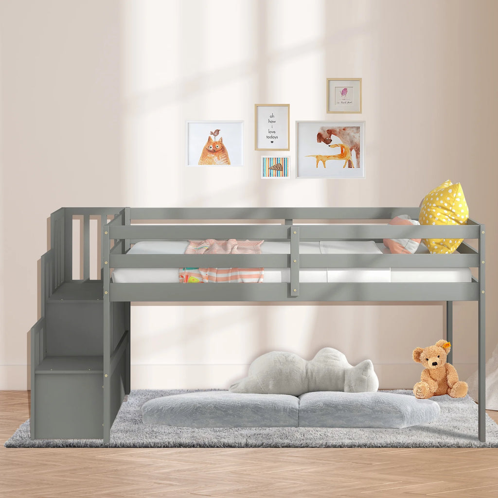 Gray Wood Low Loft Bed Frame with Storage and Stairs O217240