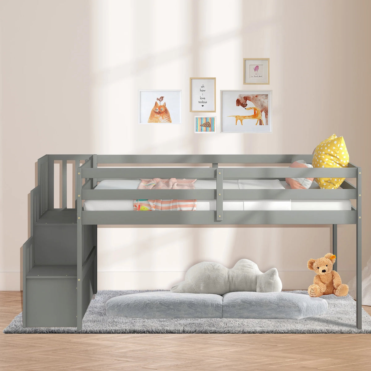Gray Wood Low Loft Bed Frame with Storage and Stairs O217240
