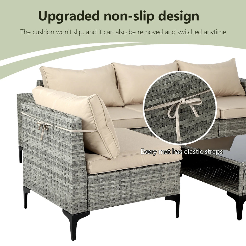 6 Pieces Patio Furniture Sets Outdoor Sectional Patio Sofa with Cushion Glass Table, Beige I960
