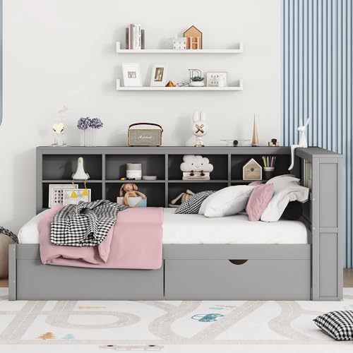 Grey Wood Twin Size L-Shape Daybed with Bookcase and Drawers and Storage Headboard A819488