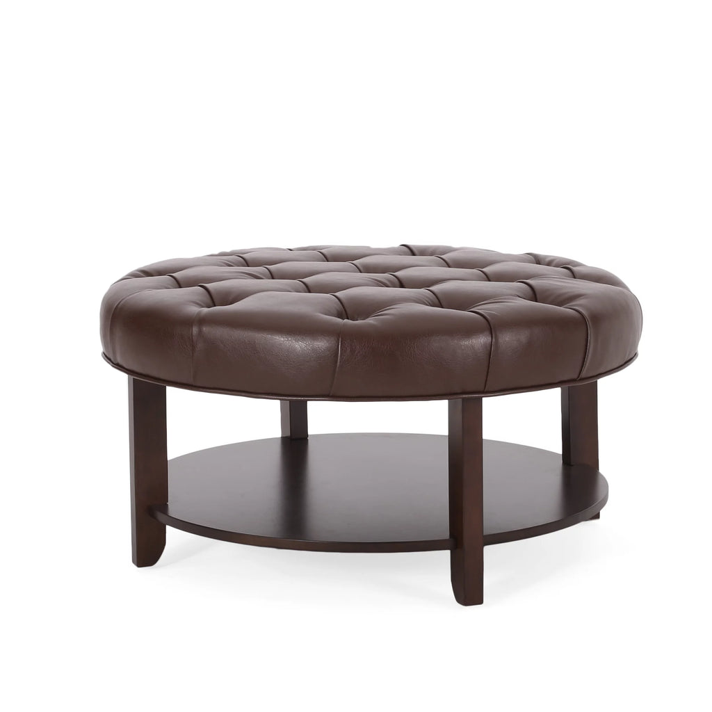 Dark Brown Espresso Faux Leather Tufted Round Ottoman with Open Shelf F1855