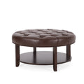 Dark Brown Espresso Faux Leather Tufted Round Ottoman with Open Shelf F1855