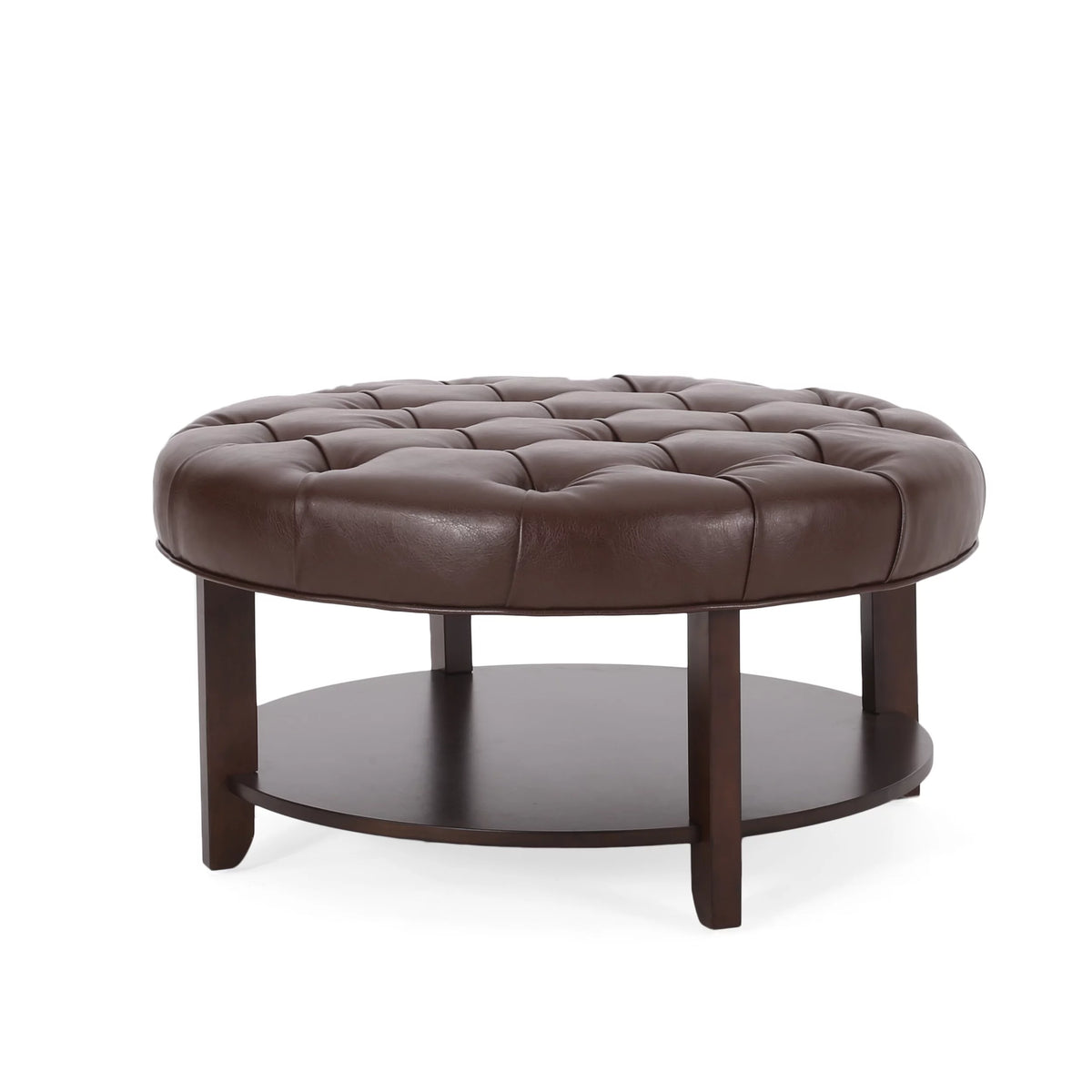 Dark Brown Espresso Faux Leather Tufted Round Ottoman with Open Shelf F1855