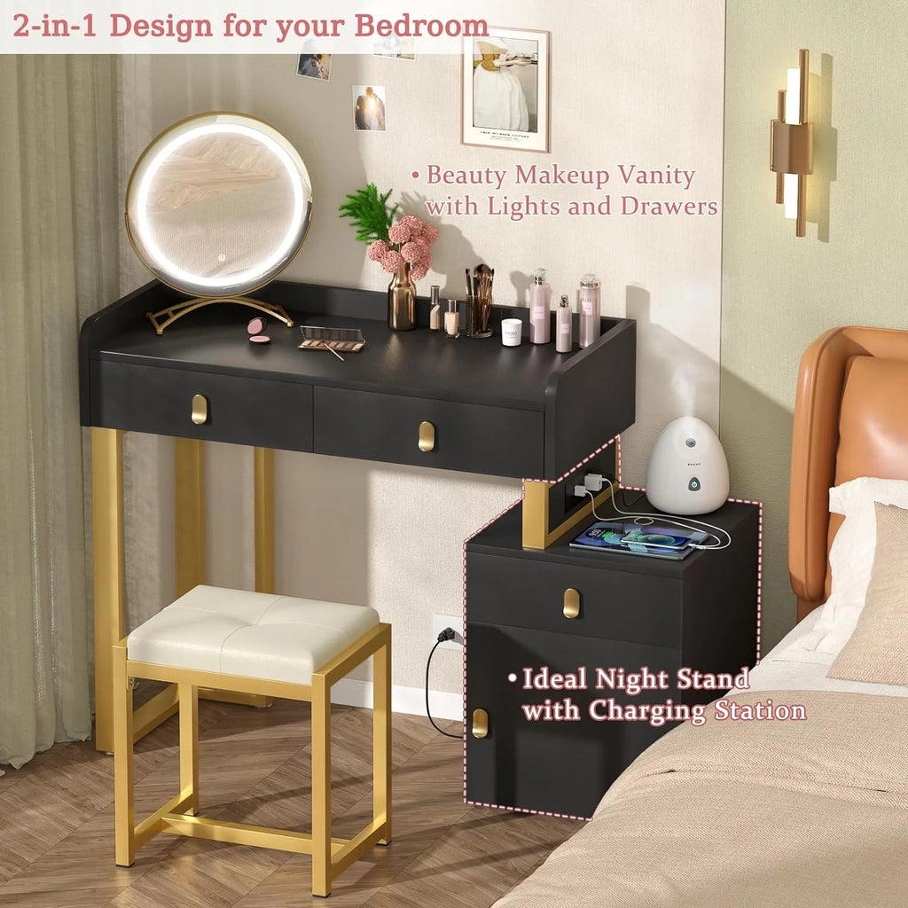 Black Vanity Desk with Lighted Mirror and Chair H2609