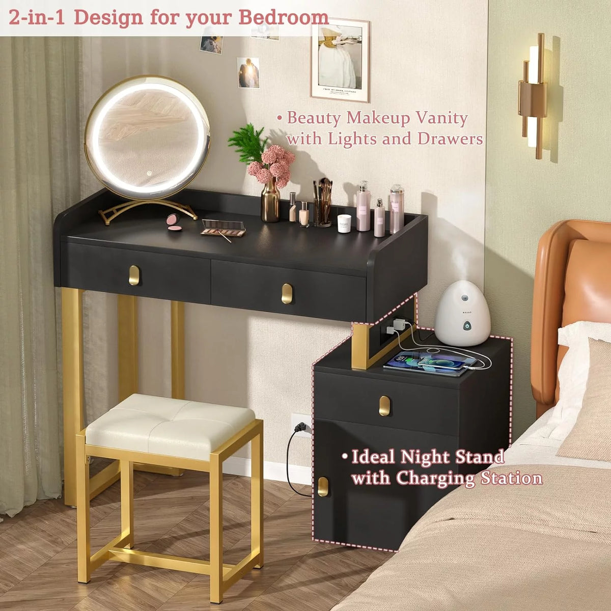 Black Vanity Desk with Lighted Mirror and Chair H2609