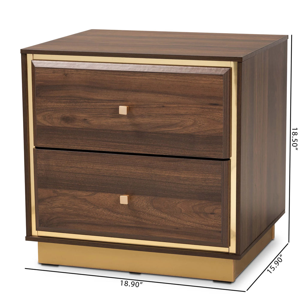 Walnut Brown Wood and Gold Metal 2-Drawer Nightstand H3402