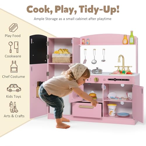 Wooden Play Kitchen Set with Sink, Microwave, Ice Maker, Dishwasher, Pink N86794
