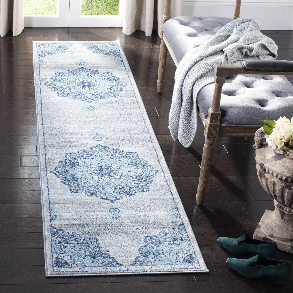 Navy Grey Floral Runner Rug R46116
