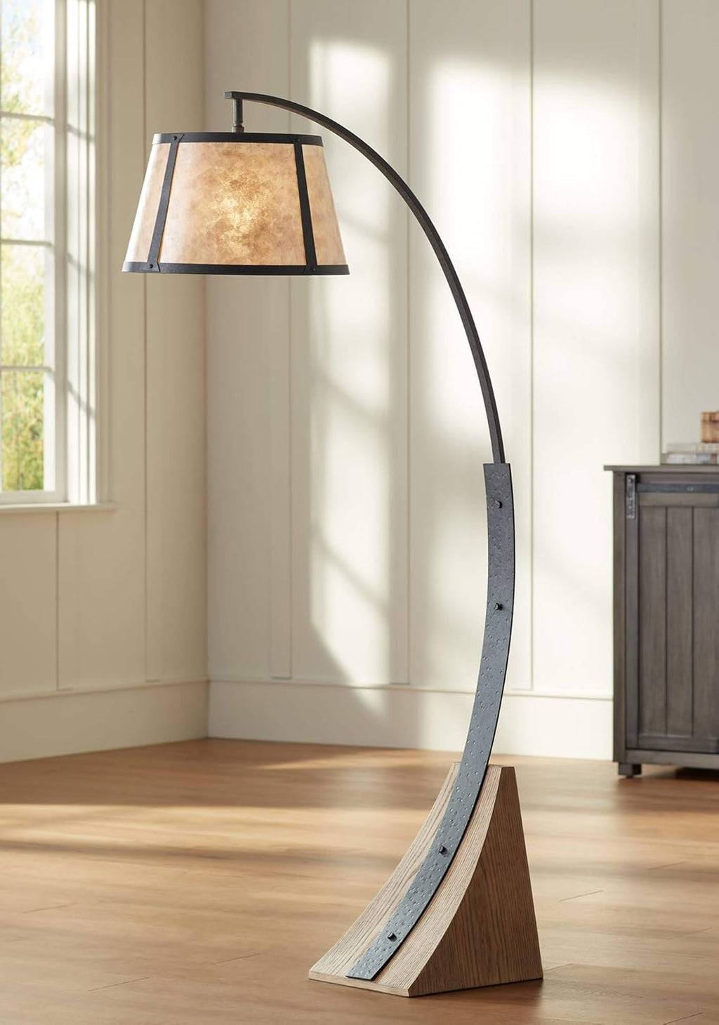 Tall Arched Floor Lamp Dark Gray Black Wood Mica Drum Shade A15586