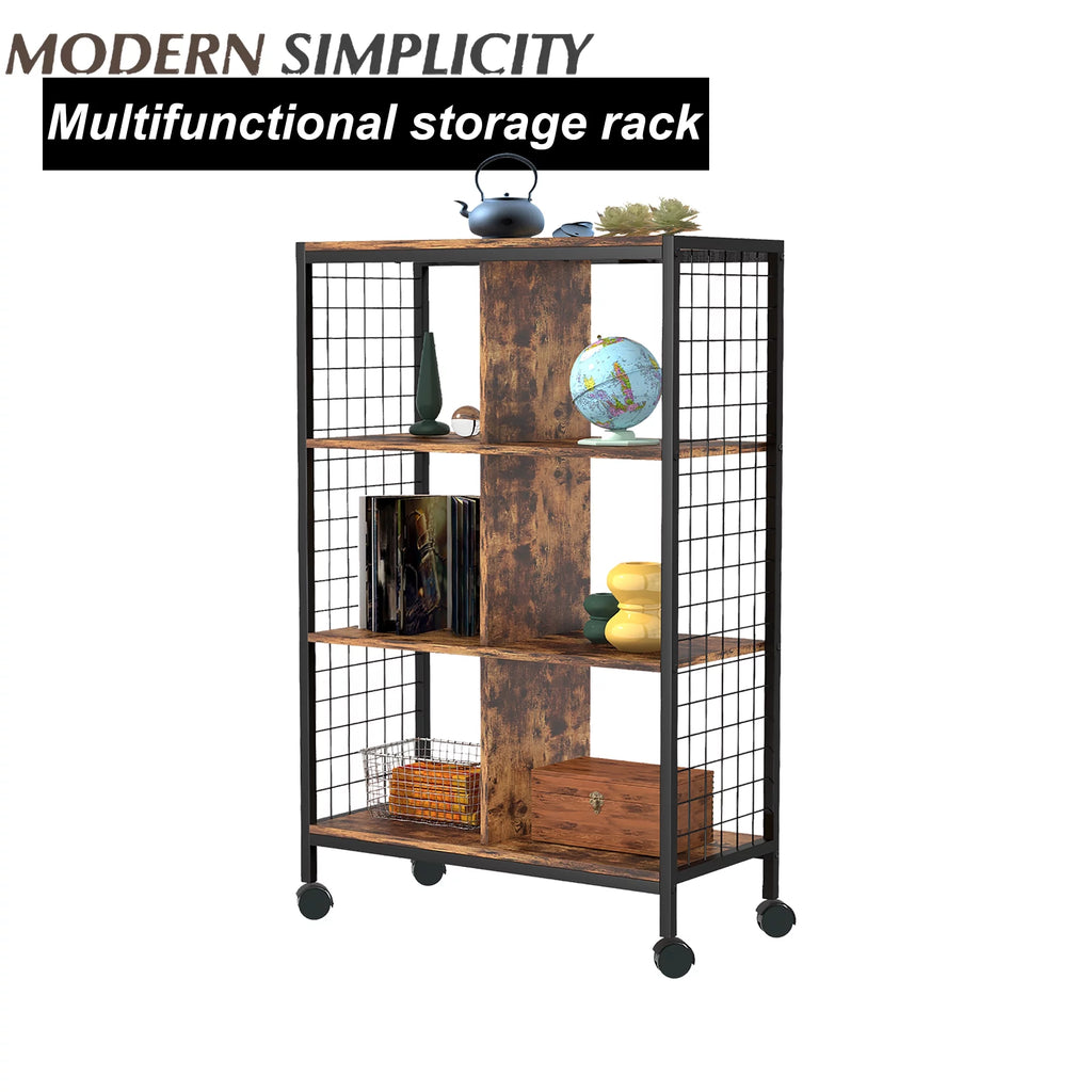 Wood Metal Movable Bookshelf Storage Rack with Wheels P549663