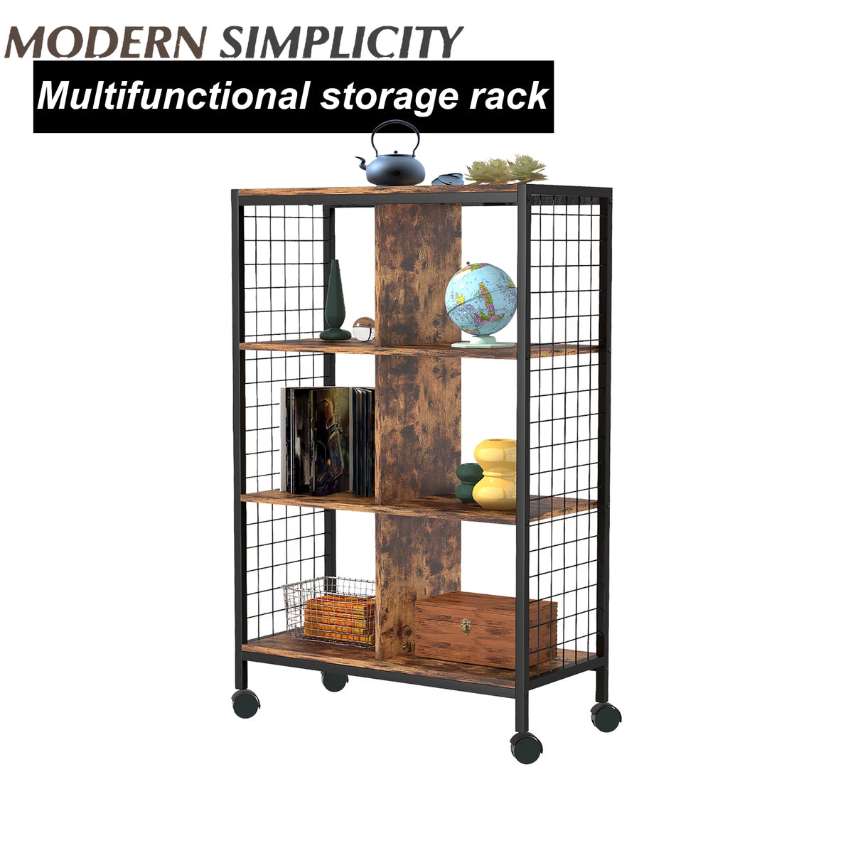 Wood Metal Movable Bookshelf Storage Rack with Wheels P549663