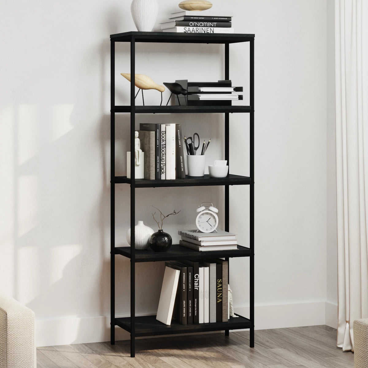 5-Tier Black Woodgrain Bookshelf S61864