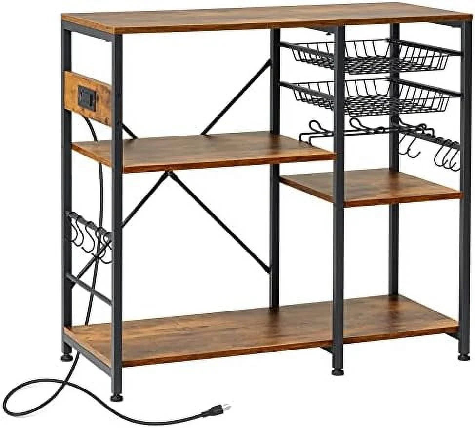 Rustic Brown Metal Frame Bakers Rack with Wire Basket T855