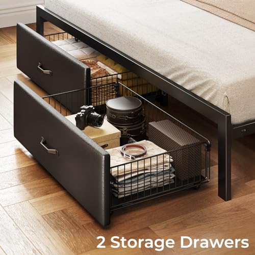Black Full Size Upholstered Platform Bed Frame with Drawers and Storage Headboard F6221