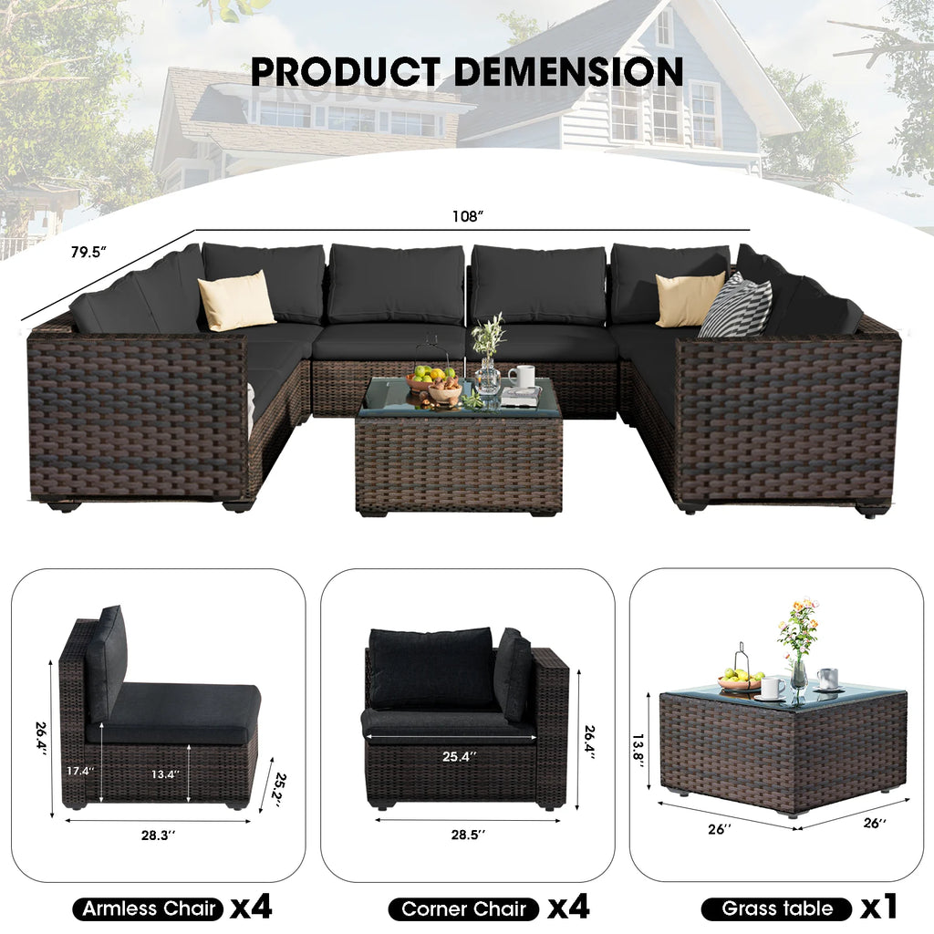 9 Pieces PE Wicker Rattan Outdoor Sofa Set J12921