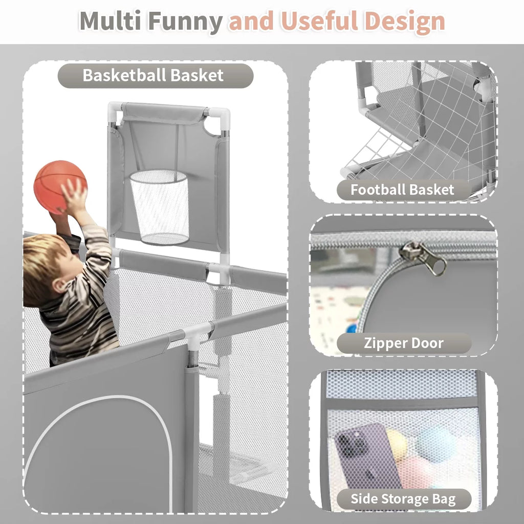 71 Inch Extra Large Baby Playpen with Basketball Hoop and Mesh K7341