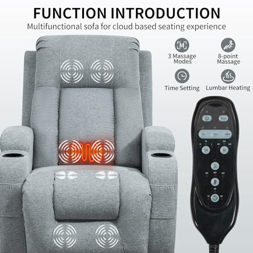 Gray Power Lift Recliner Chair with USB Charging, Cup Holders, Side Pockets, Waist Heating, 8 Point Massage I9343