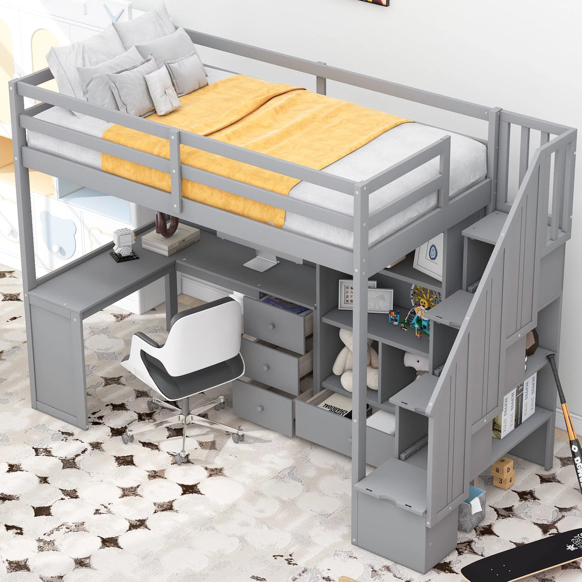 Gray Wood Twin Size Loft Bed with Desk and Stairs, 4 Storage Drawers, 4 Shelves O8755